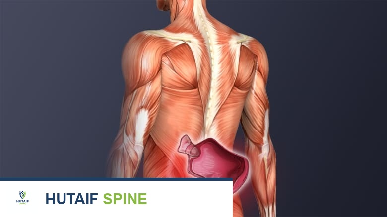رسم توضيحي يظهر الجزء الخلفي من الجذع مع أيقونة كمادة حرارية في أسفل الظهر.