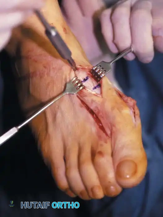 Fig. 78-41, cont’d F, Knife blade is in metatarsocuneiform joint, and two lines marked on metatarsal represent osteotomy site (proximal line) and location of screw for fi xation (distal line) . G, Final position of screw and position of metatarsal after correction of fi rst metatarsal. H, Note Freer elevator is displacing or rotating proximal fragment medially, whereas fi rst metatarsal head and distal fragment are being angulated laterally by manual pressure. I, Postoperative dressings after correction of hallux valgus. Metatarsal heads are fi rmly bound together, and great toe is rotated to keep sesamoids aligned beneath metatarsal head. Right toe should be dressed in counterclockwise direction and left toe in clockwise direction when standing at foot of bed. ( A-D from Mann RA, Coughlin MJ: The video textbook of foot and ankle surgery , St Louis, 1991, Medical Video Productions; E and I from Mann RA, Coughlin MJ, eds: Surgery of the foot and ankle , 6th ed, St Louis, 1993, Mosby.)