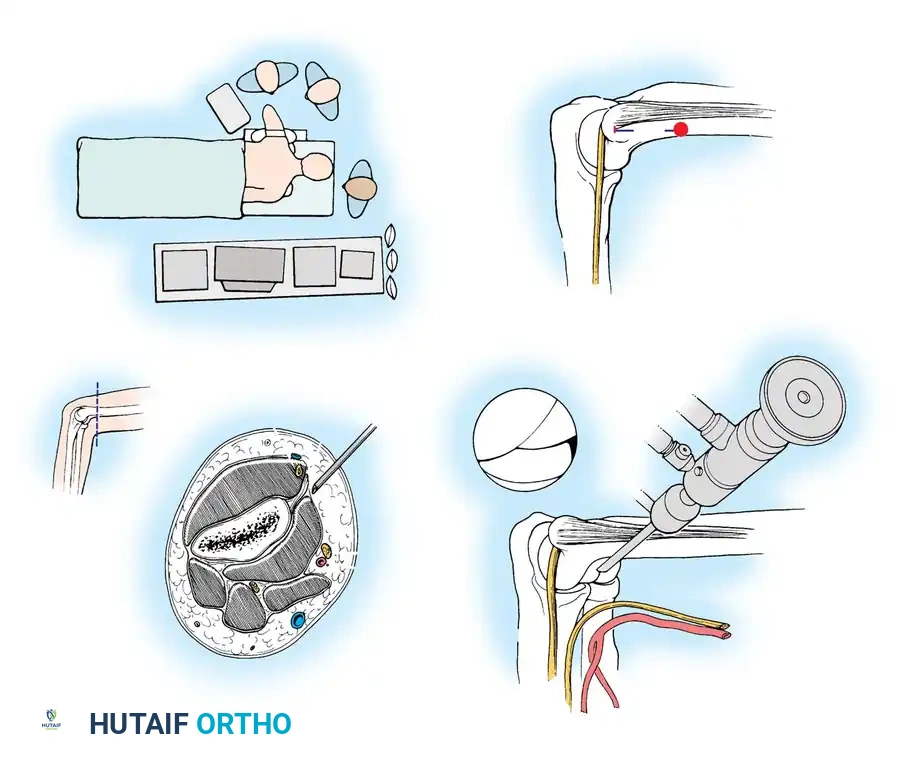 Fig. 49-59 Operating room setup with patient prone on chest rolls.