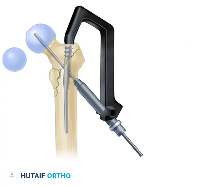 D, Advancement of guide pin within 5 mm of subchondral bone.