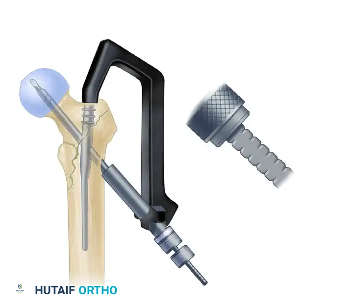 I, Insertion of compression screw after release of traction.