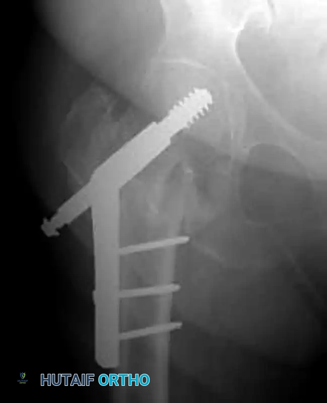 صورة أشعة توضح التثبيت النهائي للمسمار النخاعي