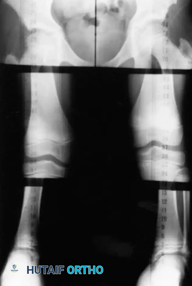 Fig. 26-93 Scanogram obtained for evaluation of limblength discrepancy in 12-year-old boy with fi bular hemimelia on right.