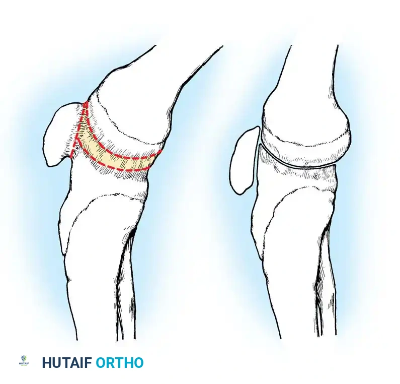 مخطط يوضح عملية قطع العظم داخل المفصل لعلاج تصلب الركبة
