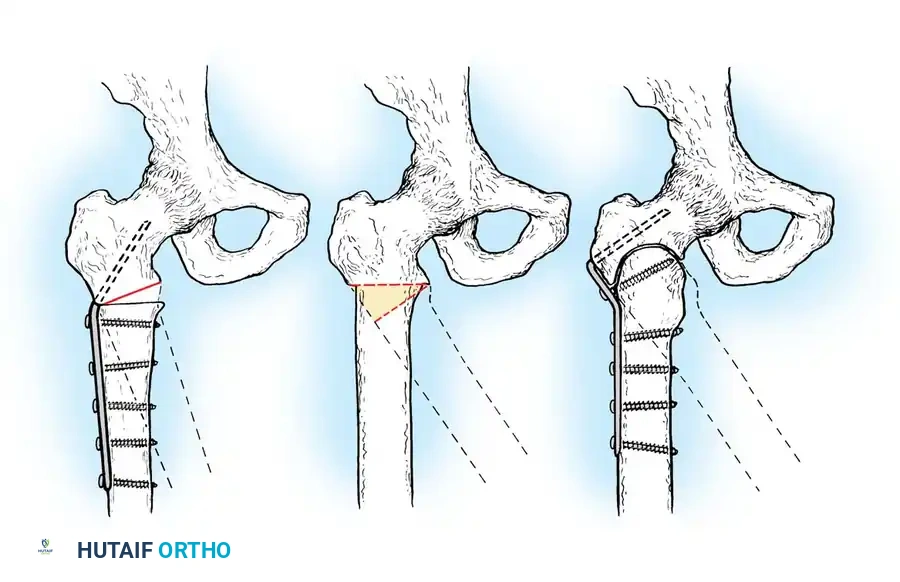تمثيل شعاعي وتخطيطي لعمليات قطع عظم الفخذ الداني لدعم الحوض